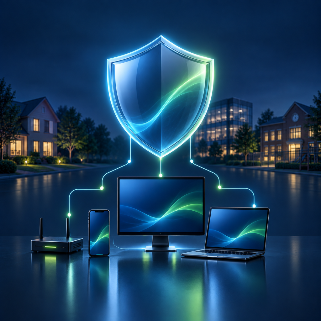 Blue shield protecting connected devices across homes, businesses and schools