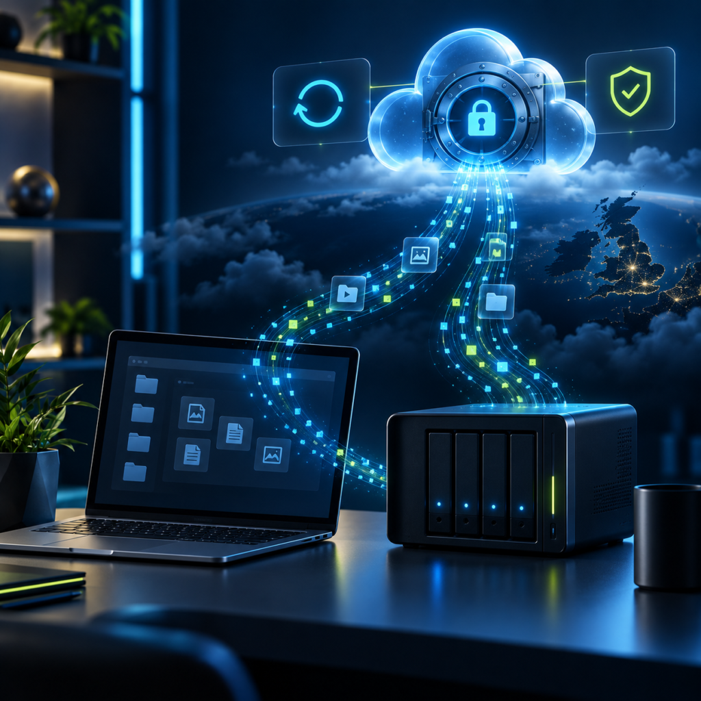 Business laptop and server sending protected backup data to a cloud vault.