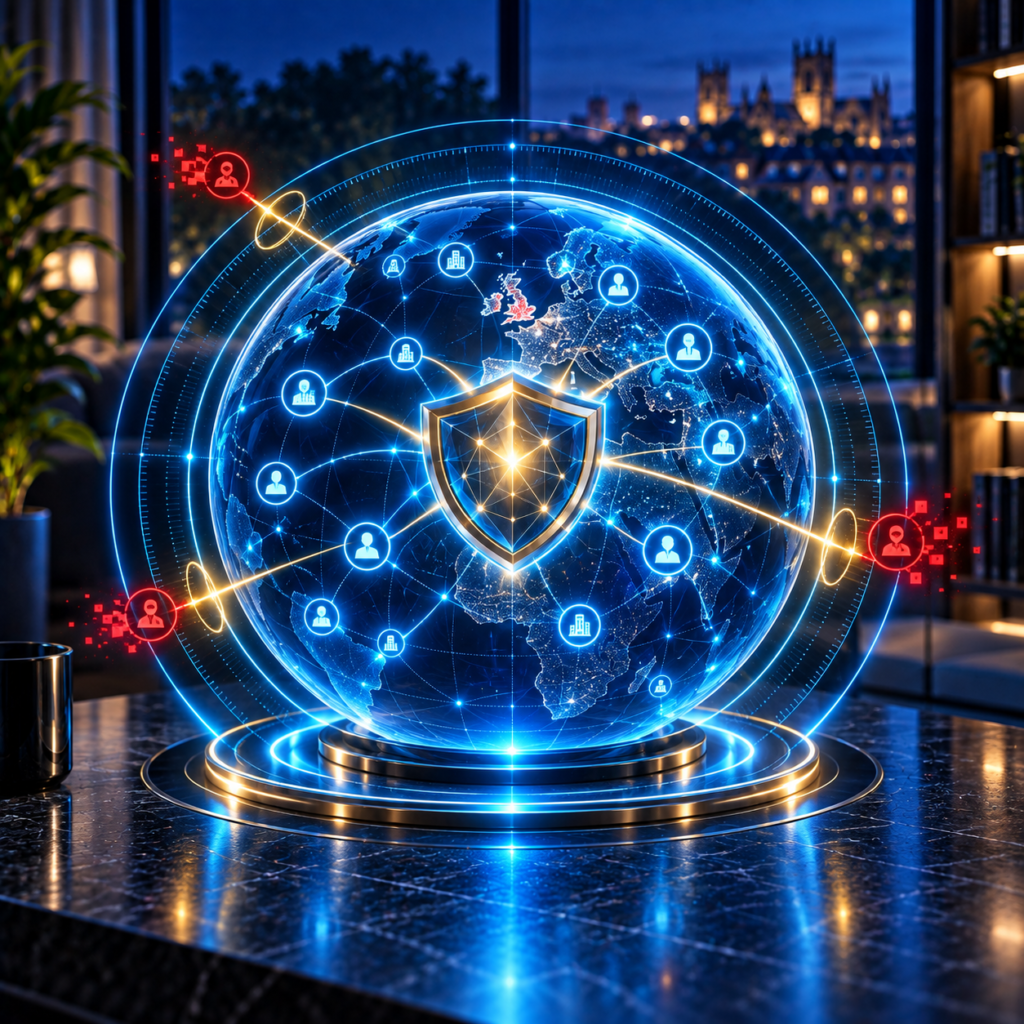 Advanced breach monitoring across a network of domains, with a gold plus shield and alert markers