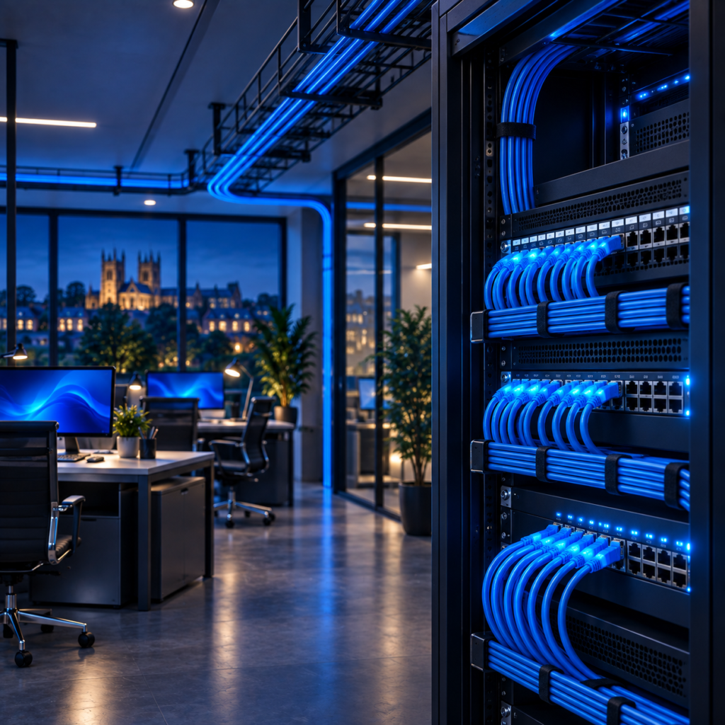 Neatly routed Ethernet cabling and network switches in a professionally installed business LAN.