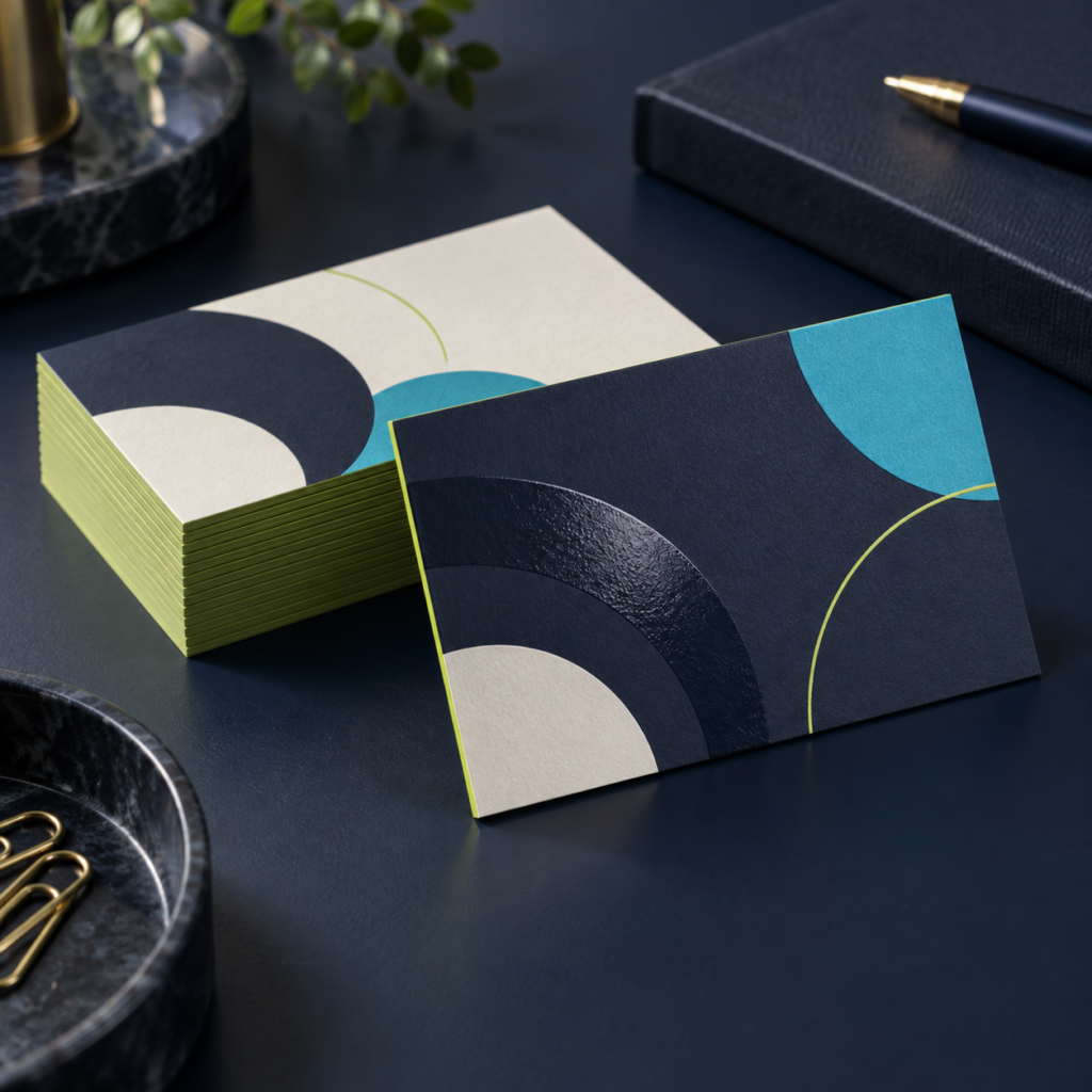 Stack of premium business cards on a dark studio desk