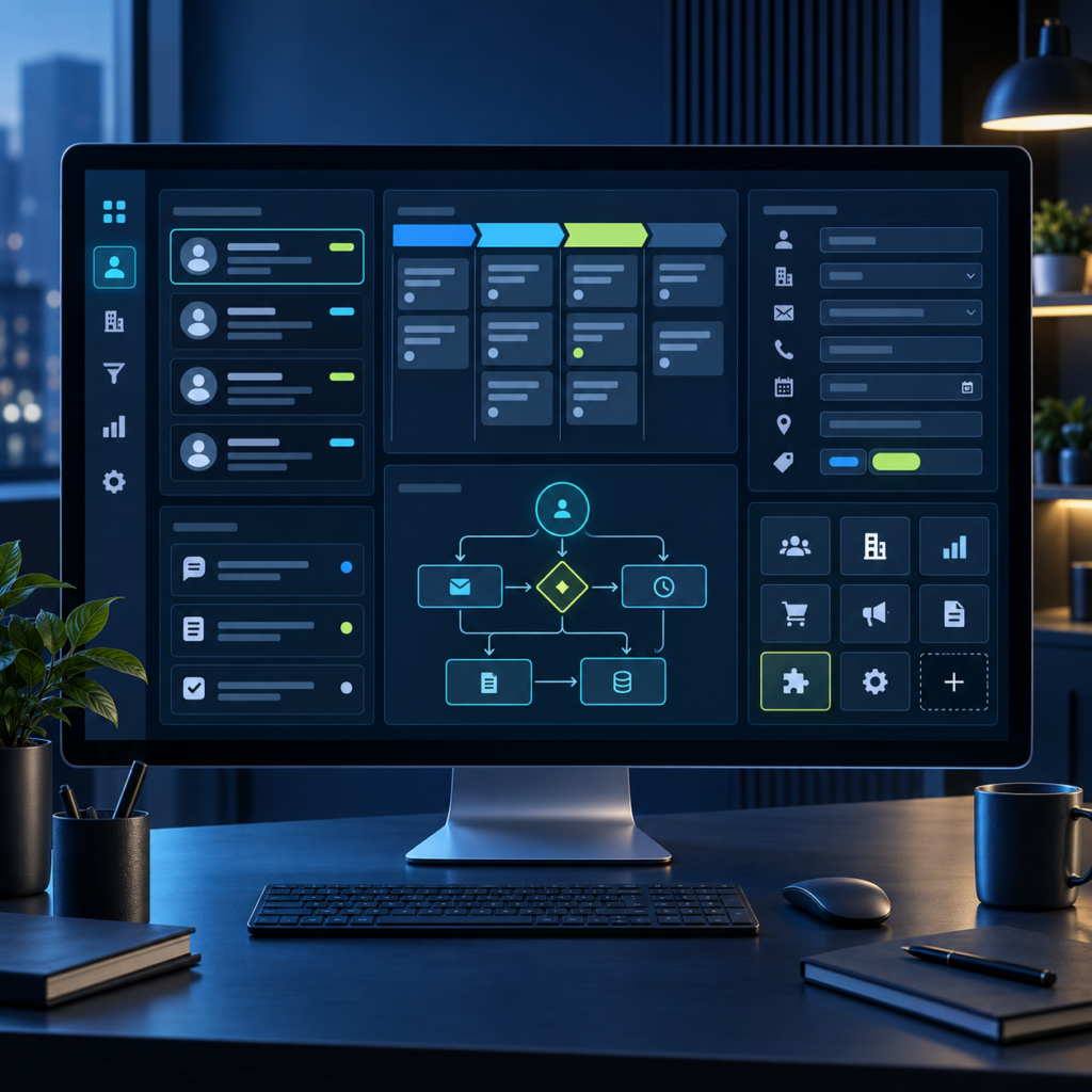 Custom CRM dashboard showing contacts and workflow cards
