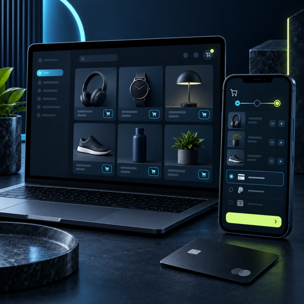 Responsive online shop shown on laptop and phone