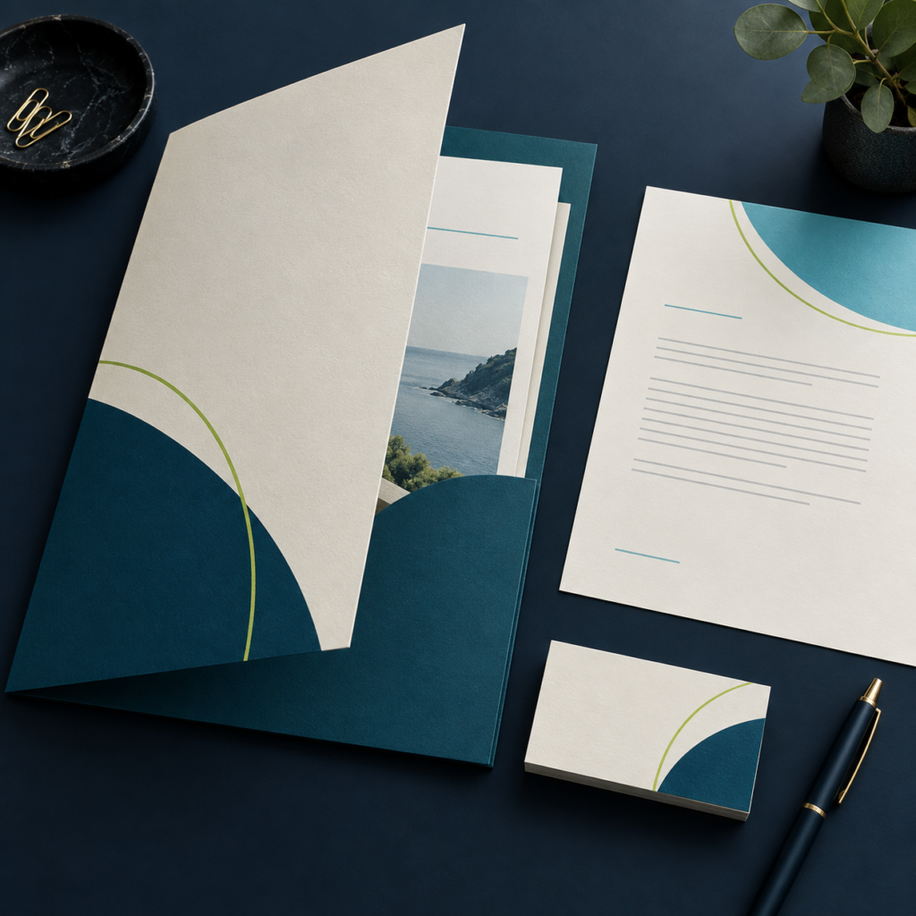 Presentation folder with coordinated printed documents