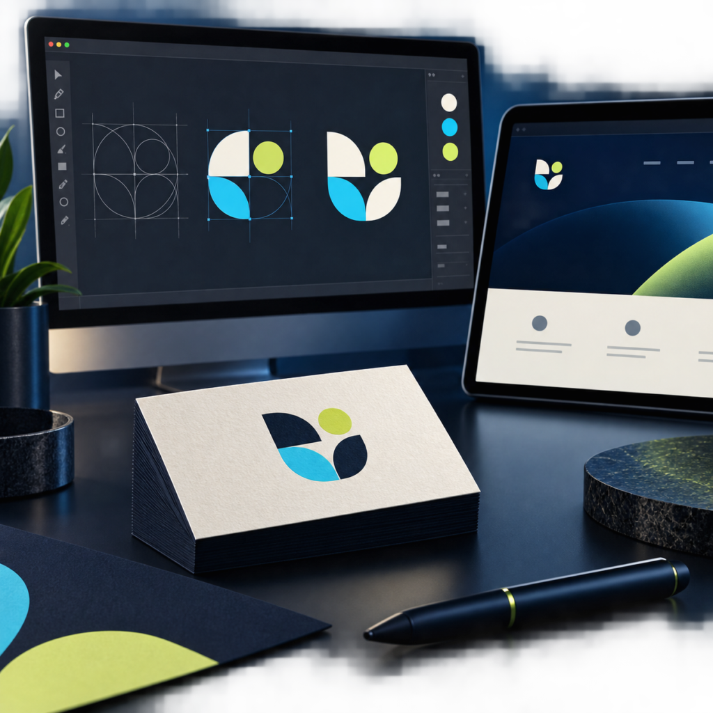 Simple geometric logo concept being refined on a design screen