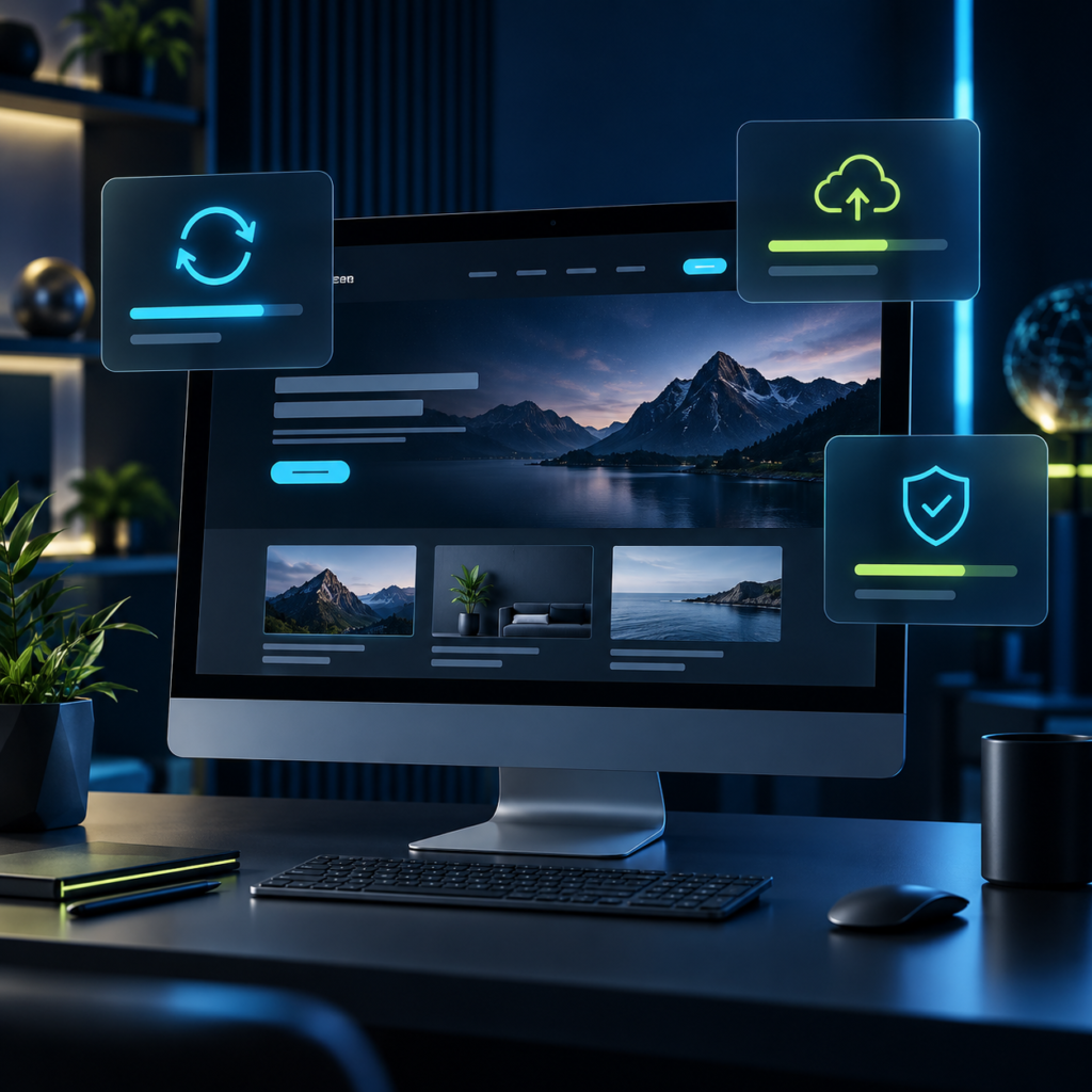 Website dashboard with update and backup status cards